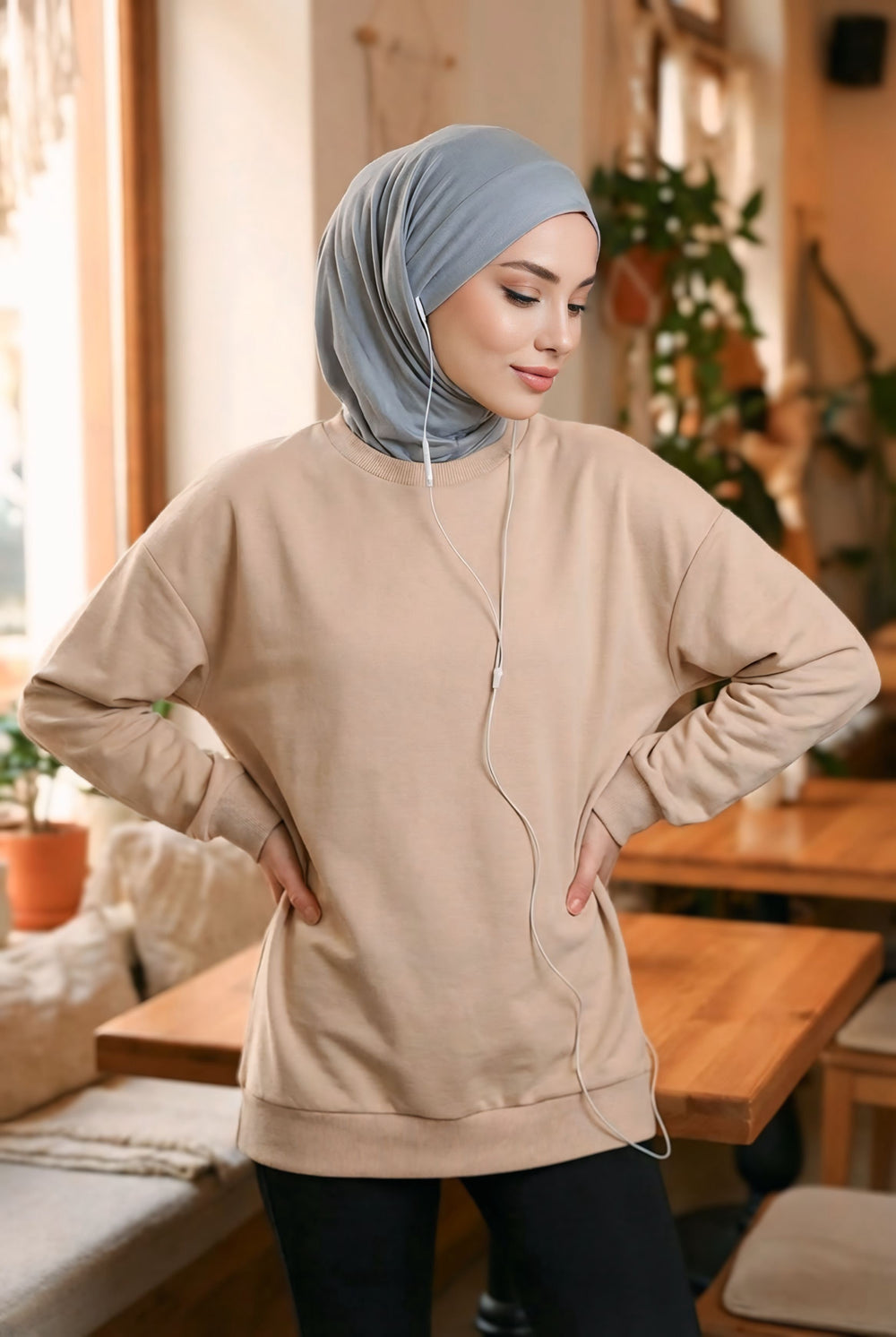 Practical Cotton Bonnet with Built-In Neck Cover and Ear Access, Full-Coverage Hijab Bonnet with Ear Access Points,BE-TG-B-94 Grey 2