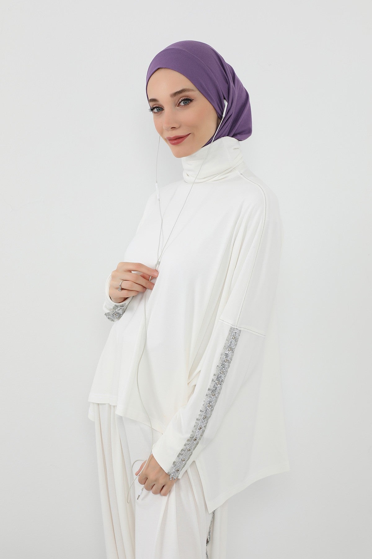 Practical Cotton Bonnet with Built-In Neck Cover and Ear Access, Full-Coverage Hijab Bonnet with Ear Access Points,BE-TG-B-94 Purple 2