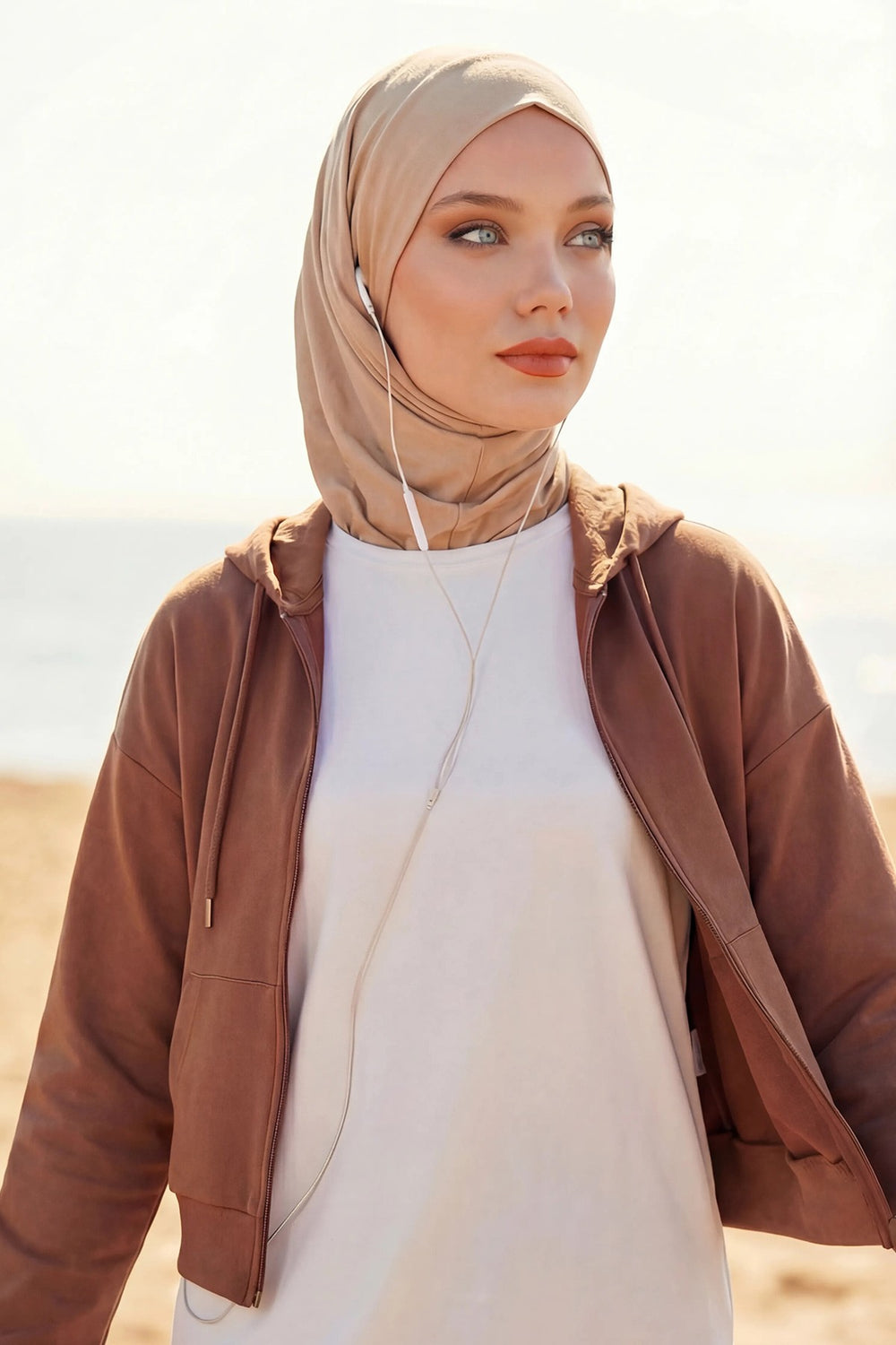 Practical Cotton Bonnet with Built-In Neck Cover and Ear Access, Full-Coverage Hijab Bonnet with Ear Access Points,BE-TG-B-94 Sand Brown
