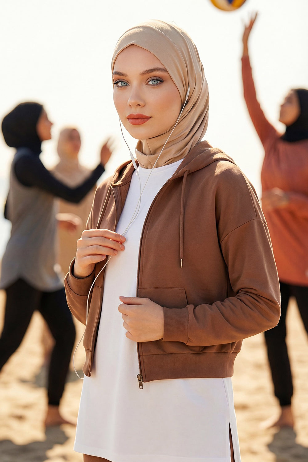Practical Cotton Bonnet with Built-In Neck Cover and Ear Access, Full-Coverage Hijab Bonnet with Ear Access Points,BE-TG-B-94 Sand Brown