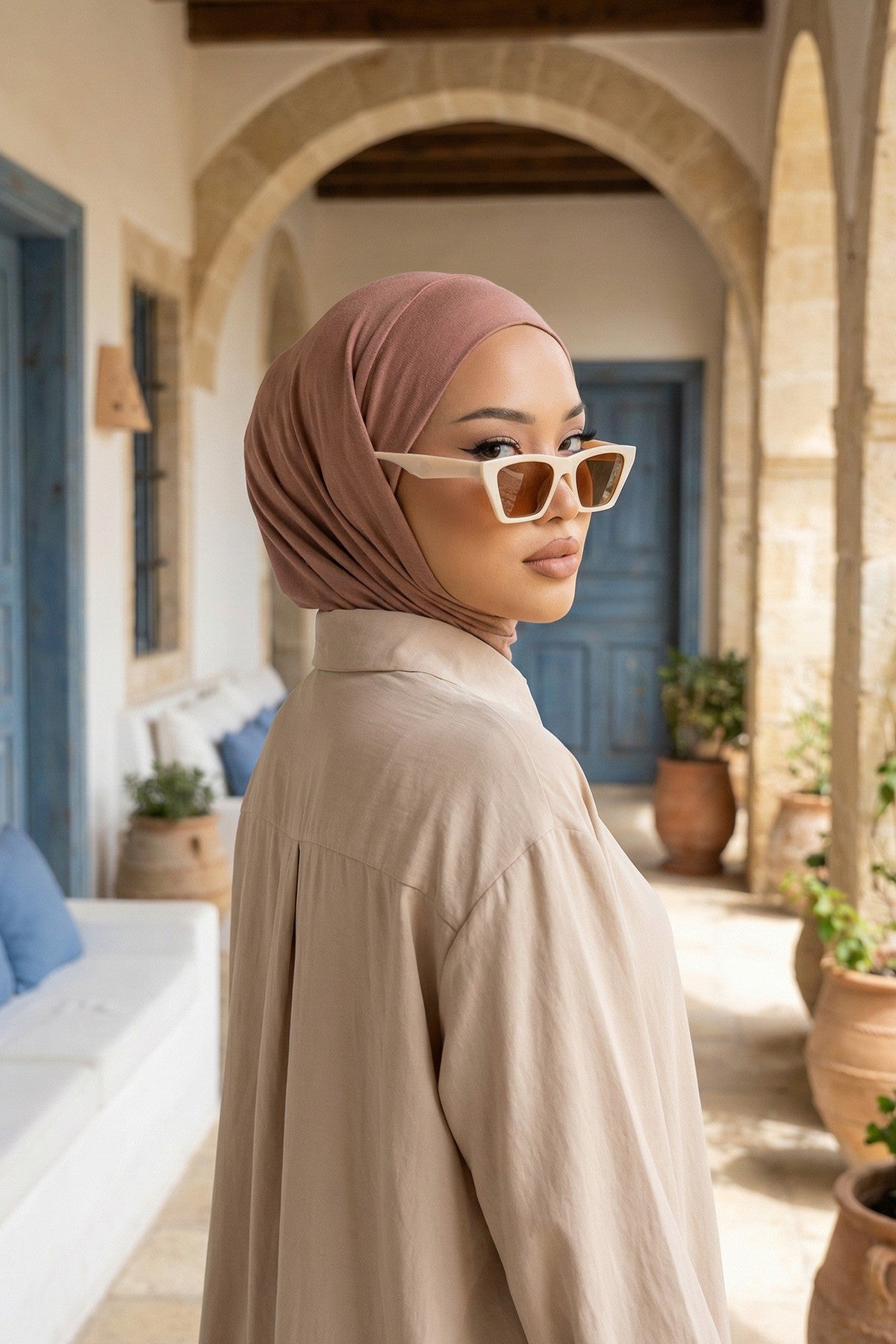 Practical Cotton Bonnet with Built-In Neck Cover and Ear Access, Full-Coverage Hijab Bonnet with Ear Access Points,BE-TG-B-94 Caramel Brown