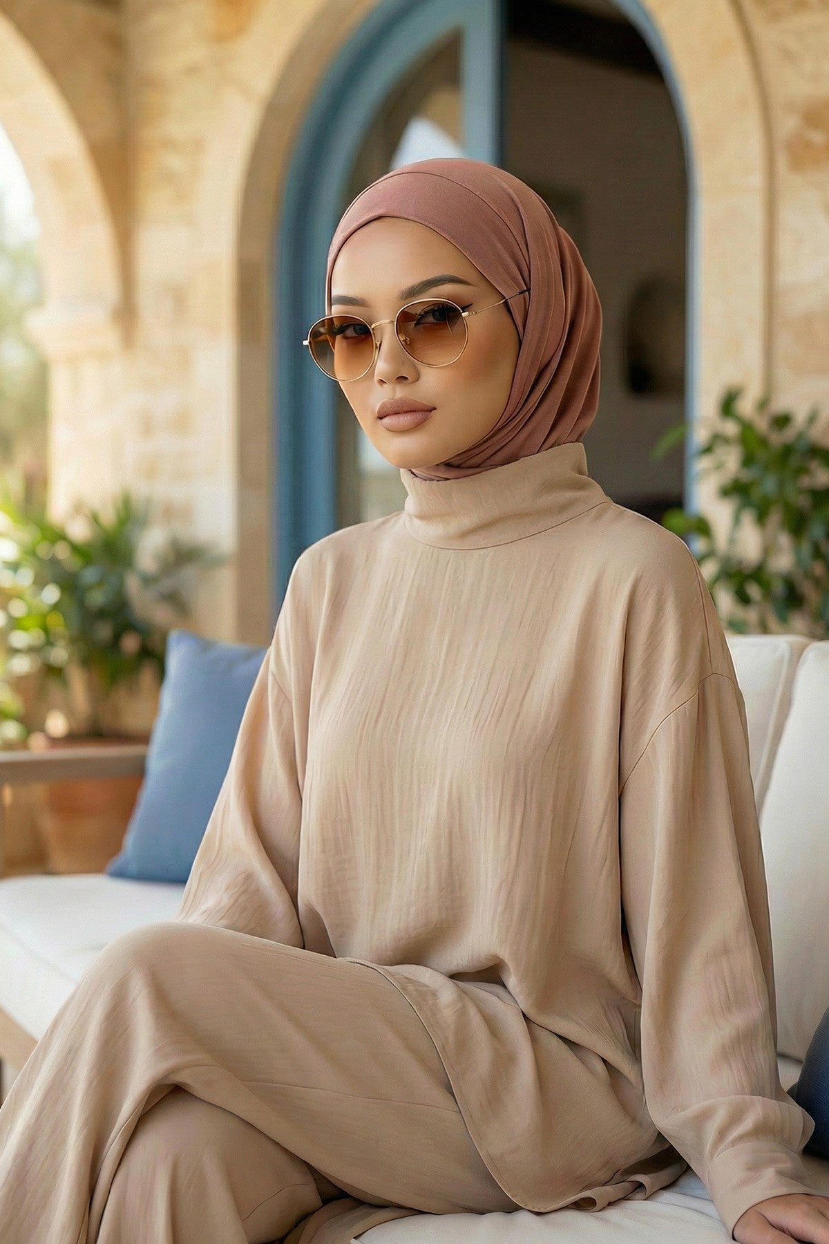 Practical Cotton Bonnet with Built-In Neck Cover and Ear Access, Full-Coverage Hijab Bonnet with Ear Access Points,BE-TG-B-94 Caramel Brown