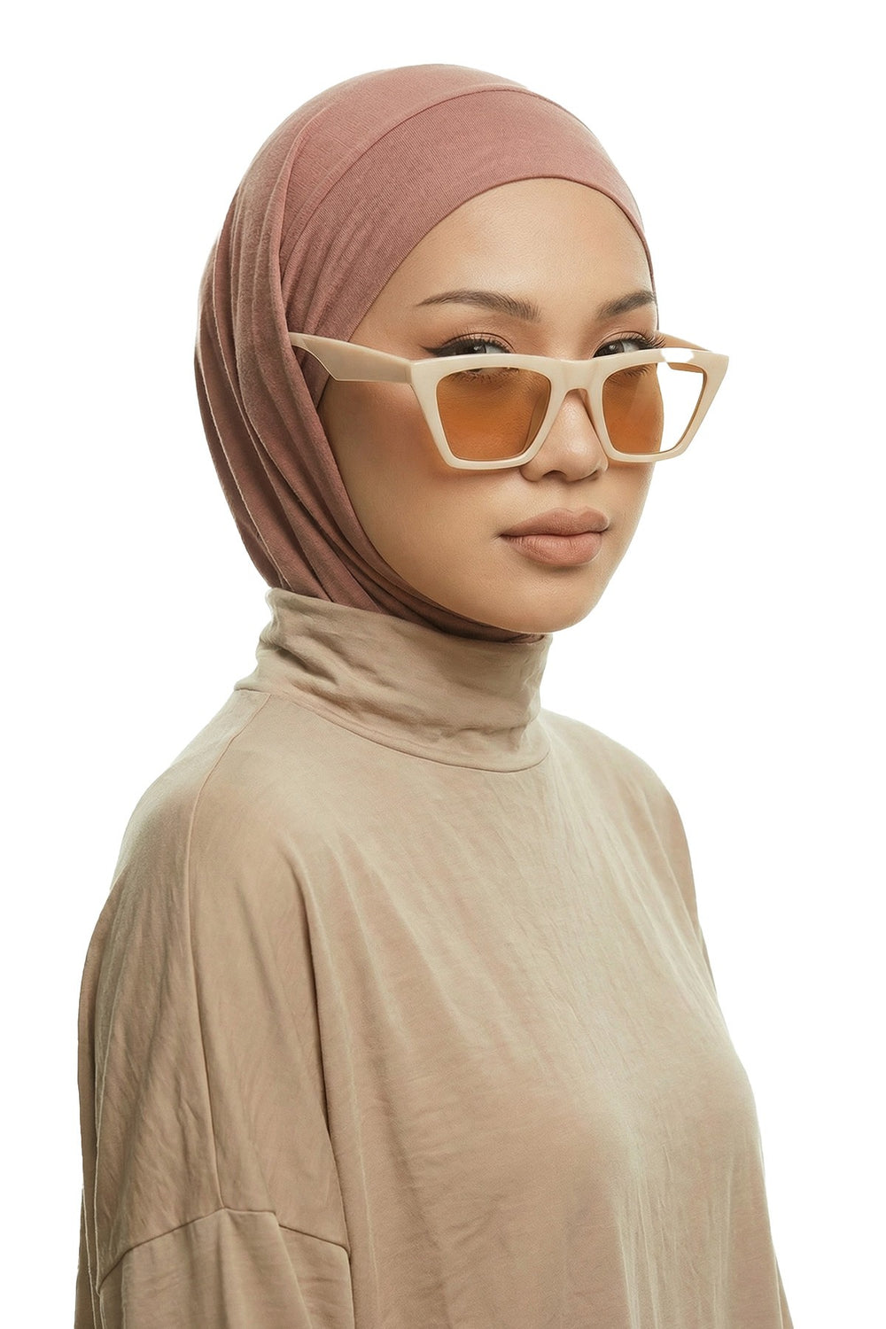 Practical Cotton Bonnet with Built-In Neck Cover and Ear Access, Full-Coverage Hijab Bonnet with Ear Access Points,BE-TG-B-94 Caramel Brown