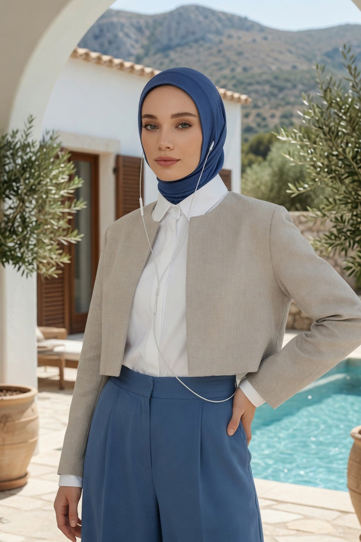 Practical Cotton Bonnet with Built-In Neck Cover and Ear Access, Full-Coverage Hijab Bonnet with Ear Access Points,BE-TG-B-94 İndigo