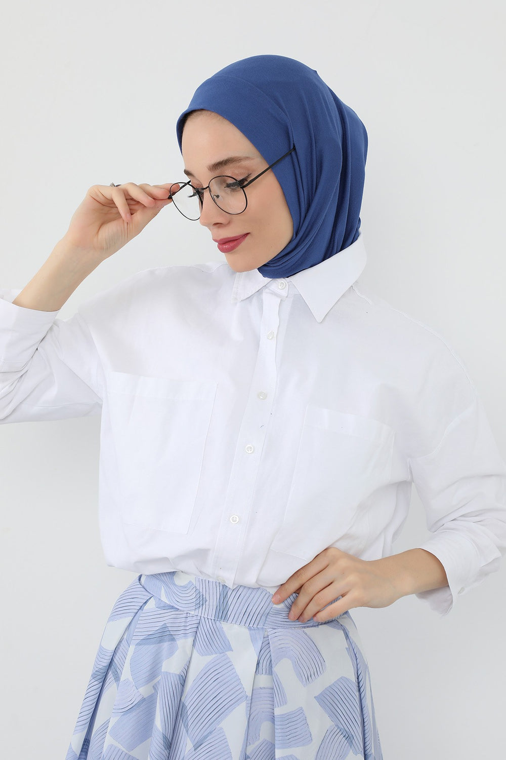 Practical Cotton Bonnet with Built-In Neck Cover and Ear Access, Full-Coverage Hijab Bonnet with Ear Access Points,BE-TG-B-94 İndigo