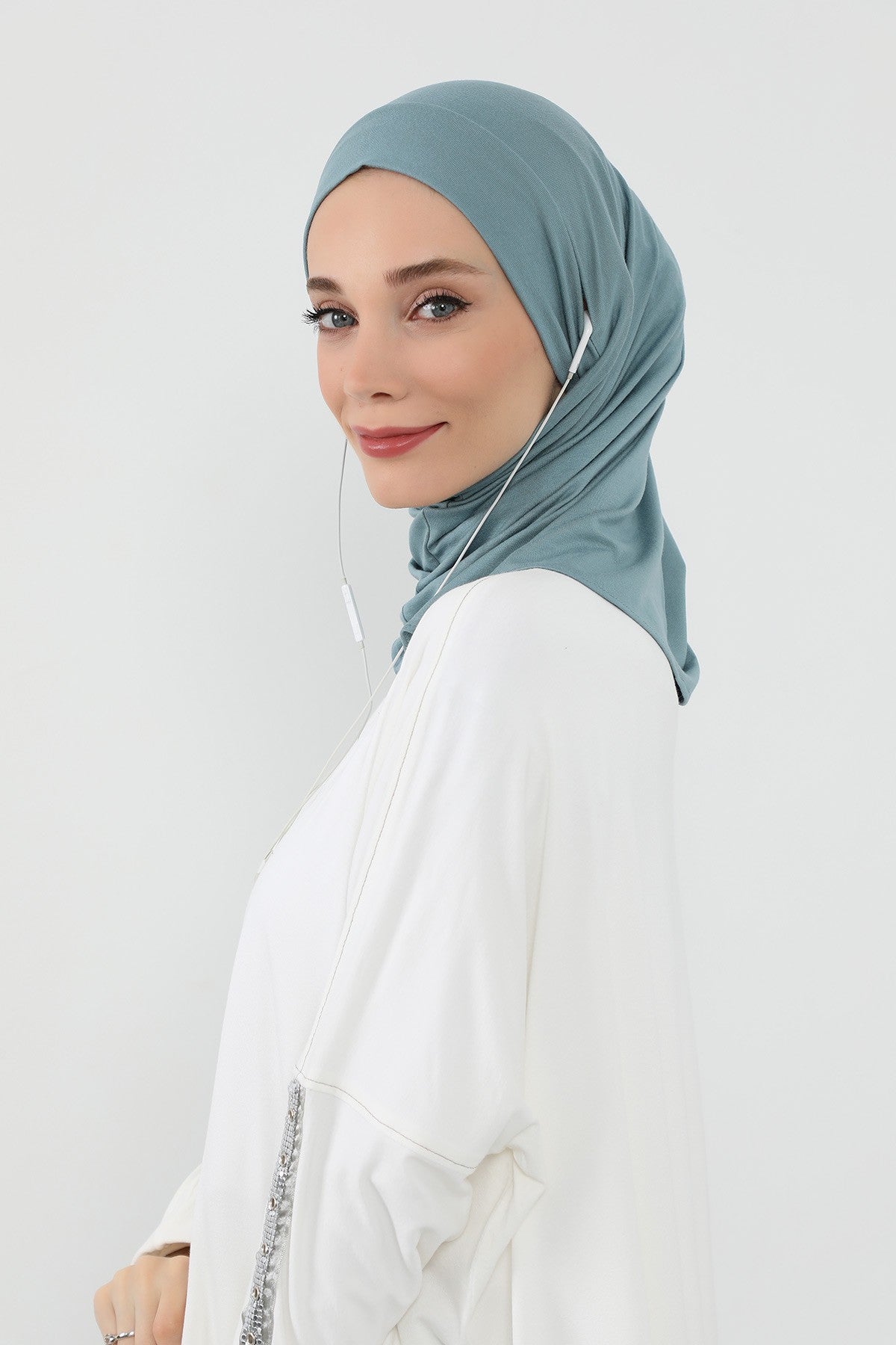 Practical Cotton Bonnet with Built-In Neck Cover and Ear Access, Full-Coverage Hijab Bonnet with Ear Access Points,BE-TG-B-94 Dark Mint