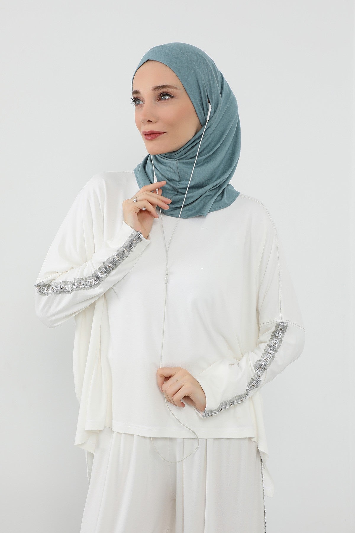 Practical Cotton Bonnet with Built-In Neck Cover and Ear Access, Full-Coverage Hijab Bonnet with Ear Access Points,BE-TG-B-94 Dark Mint