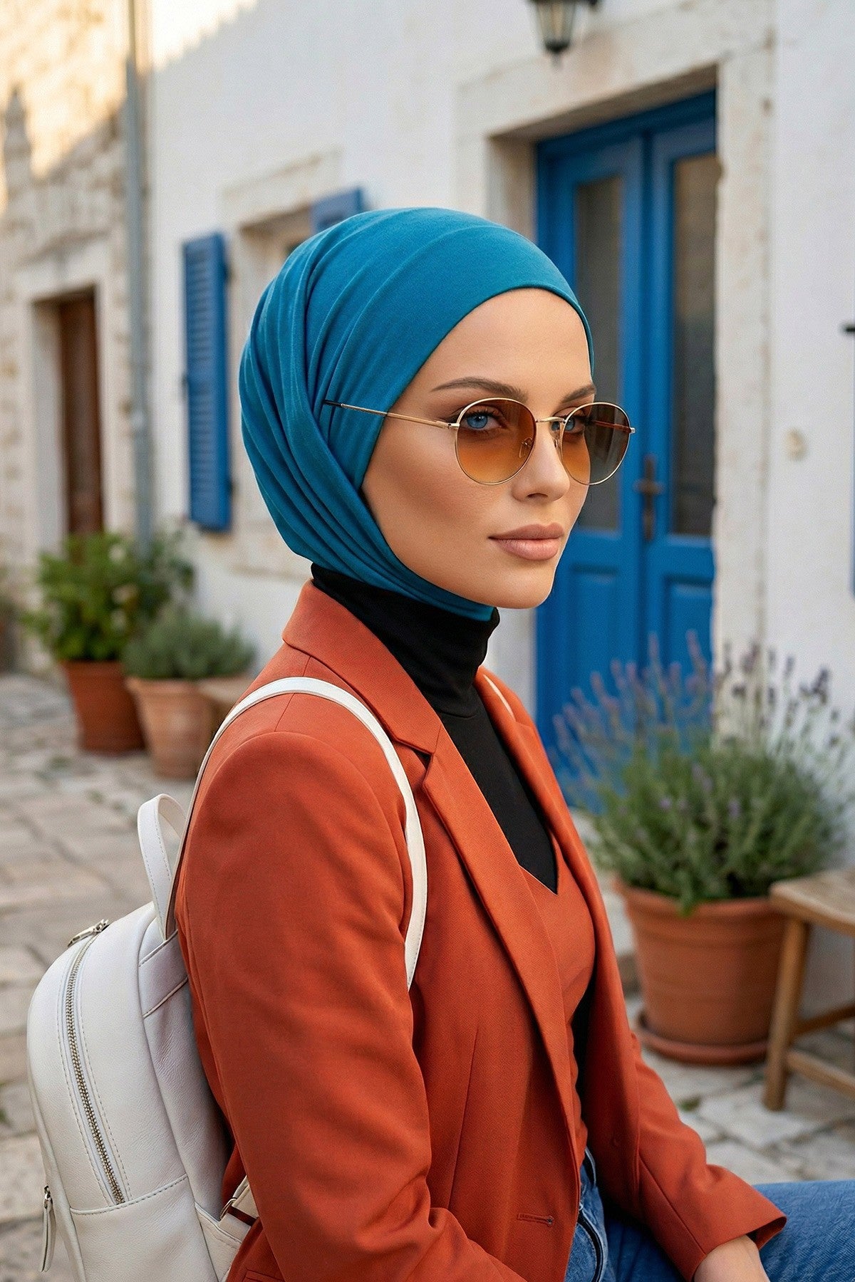 Practical Cotton Bonnet with Built-In Neck Cover and Ear Access, Full-Coverage Hijab Bonnet with Ear Access Points,BE-TG-B-94 Petrol Blue