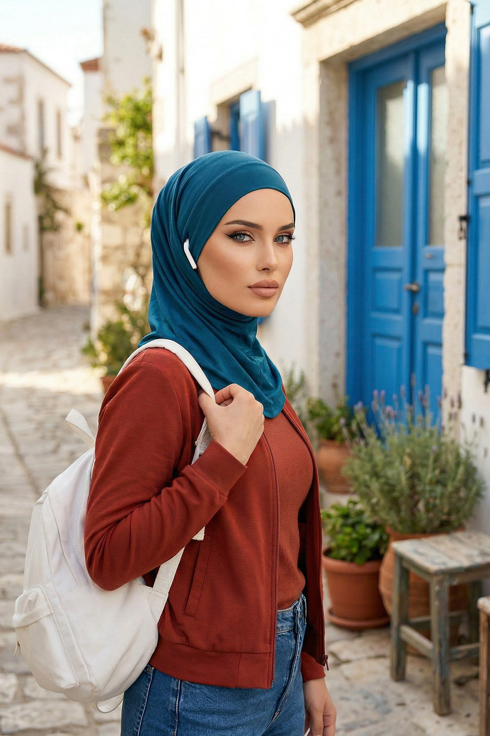 Practical Cotton Bonnet with Built-In Neck Cover and Ear Access, Full-Coverage Hijab Bonnet with Ear Access Points,BE-TG-B-94 Petrol Blue