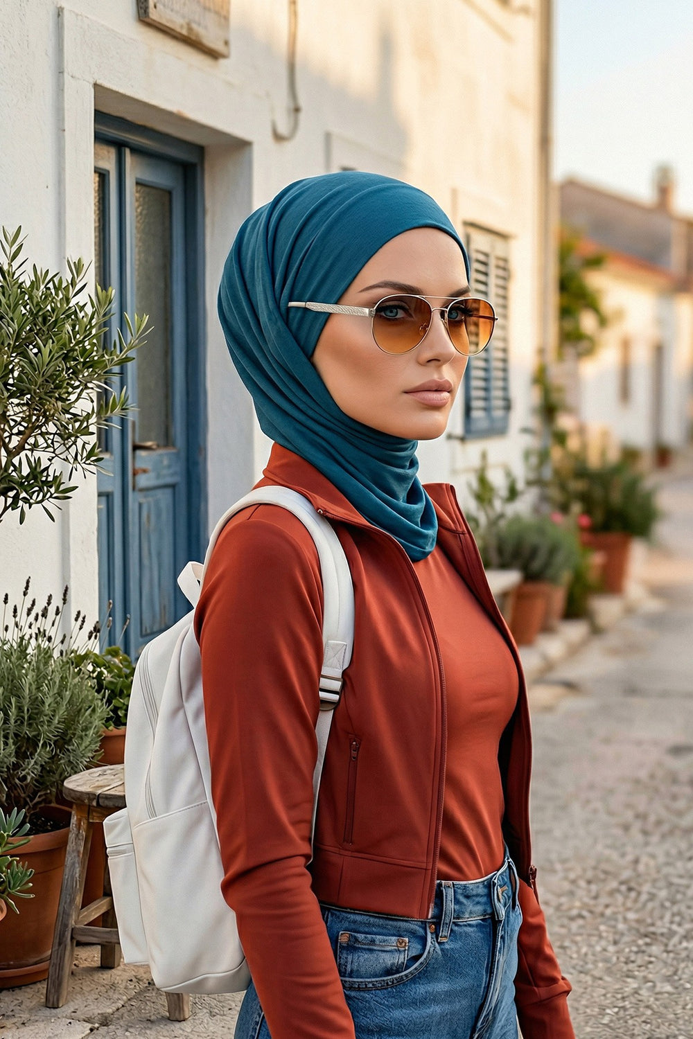 Practical Cotton Bonnet with Built-In Neck Cover and Ear Access, Full-Coverage Hijab Bonnet with Ear Access Points,BE-TG-B-94 Petrol Blue