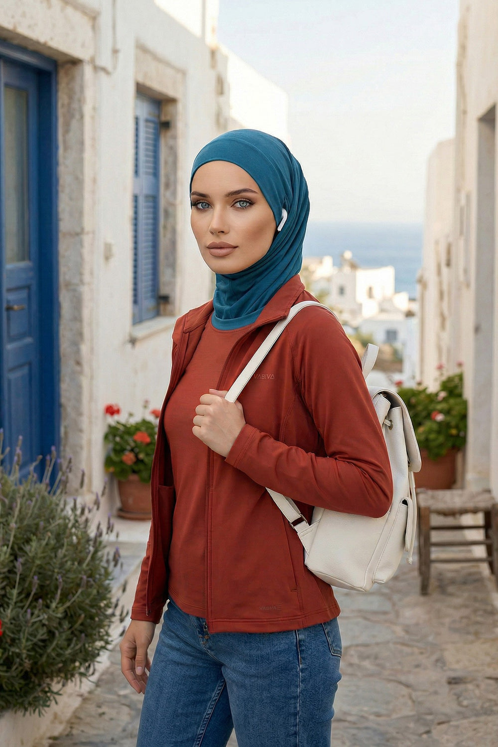 Practical Cotton Bonnet with Built-In Neck Cover and Ear Access, Full-Coverage Hijab Bonnet with Ear Access Points,BE-TG-B-94 Petrol Blue