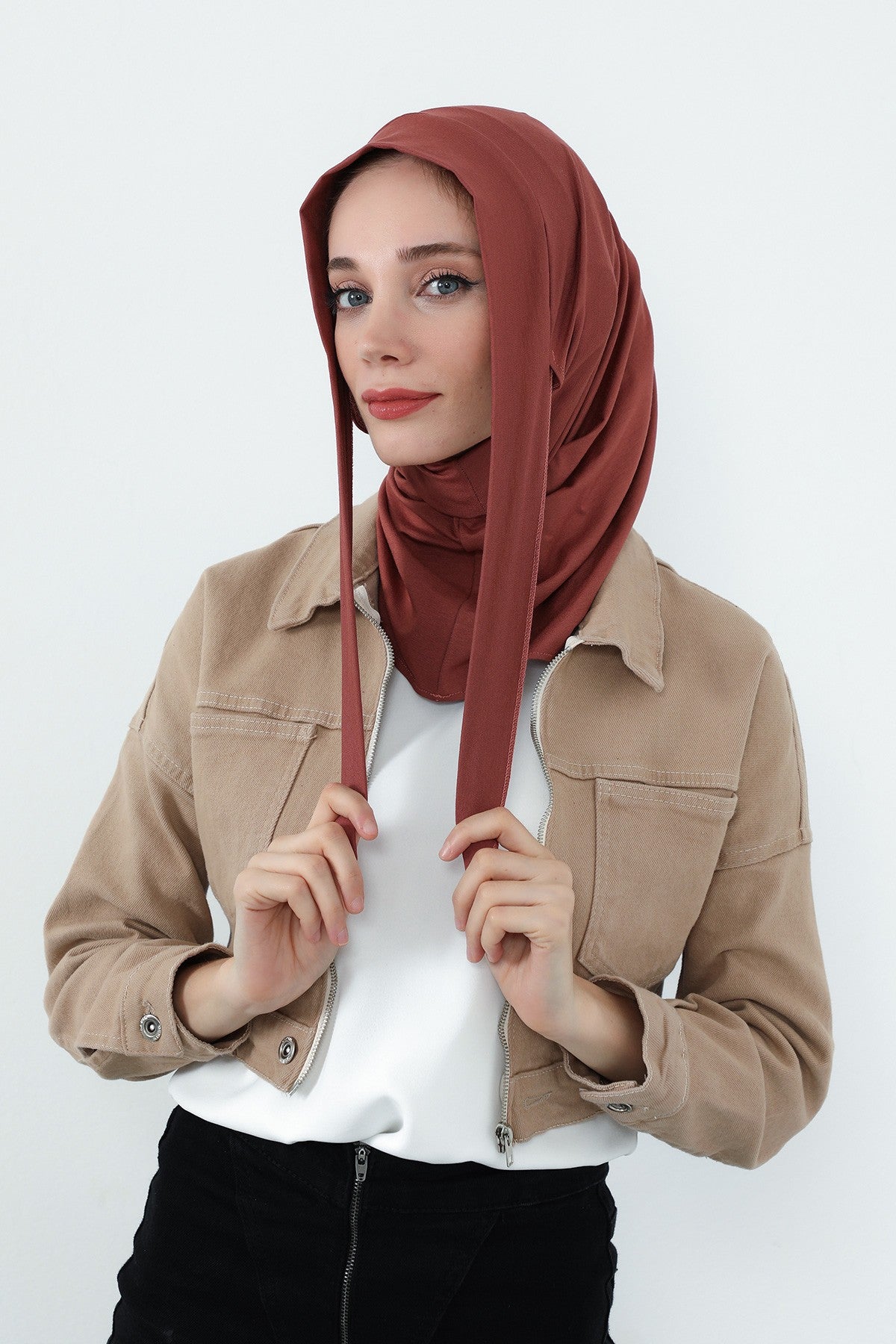 Practical Cotton Bonnet with Built-In Neck Cover and Ear Access, Full-Coverage Hijab Bonnet with Ear Access Points,BE-TG-B-94 Cinnamon