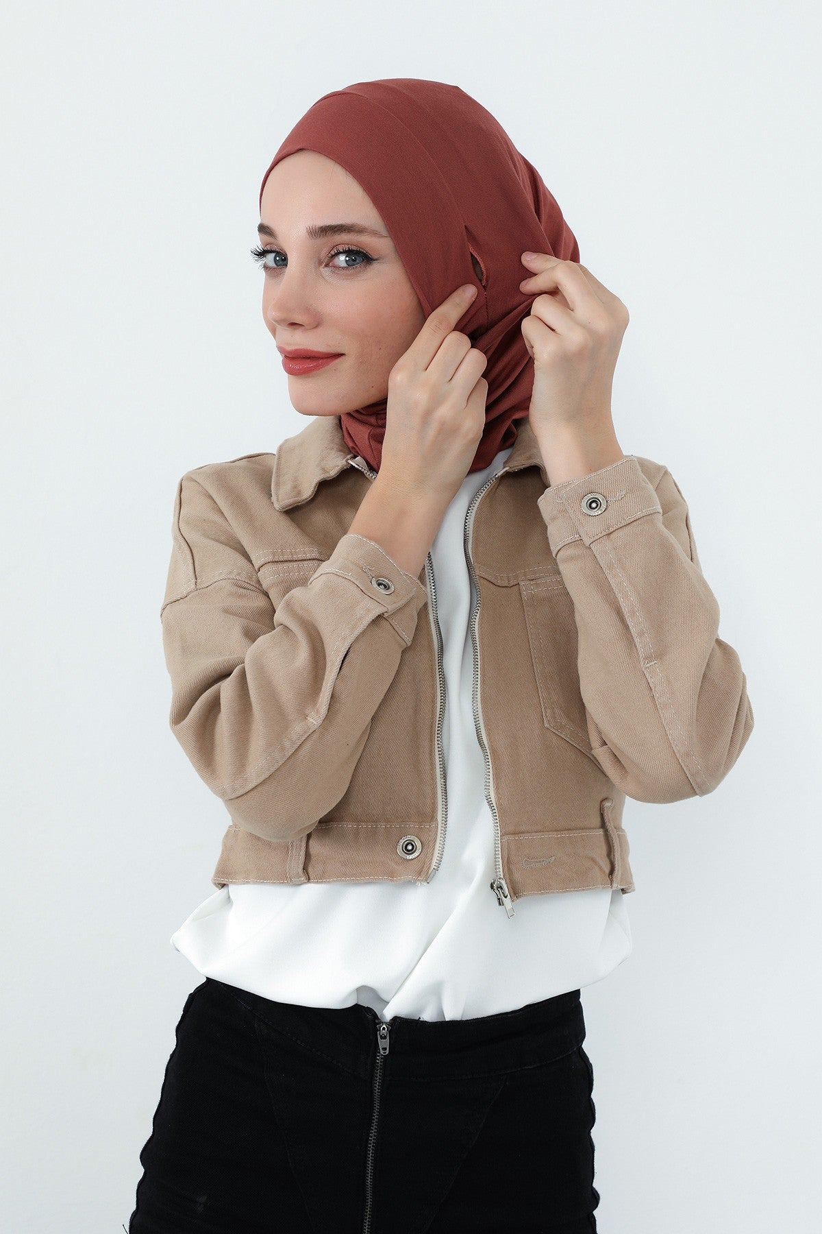 Practical Cotton Bonnet with Built-In Neck Cover and Ear Access, Full-Coverage Hijab Bonnet with Ear Access Points,BE-TG-B-94 Cinnamon