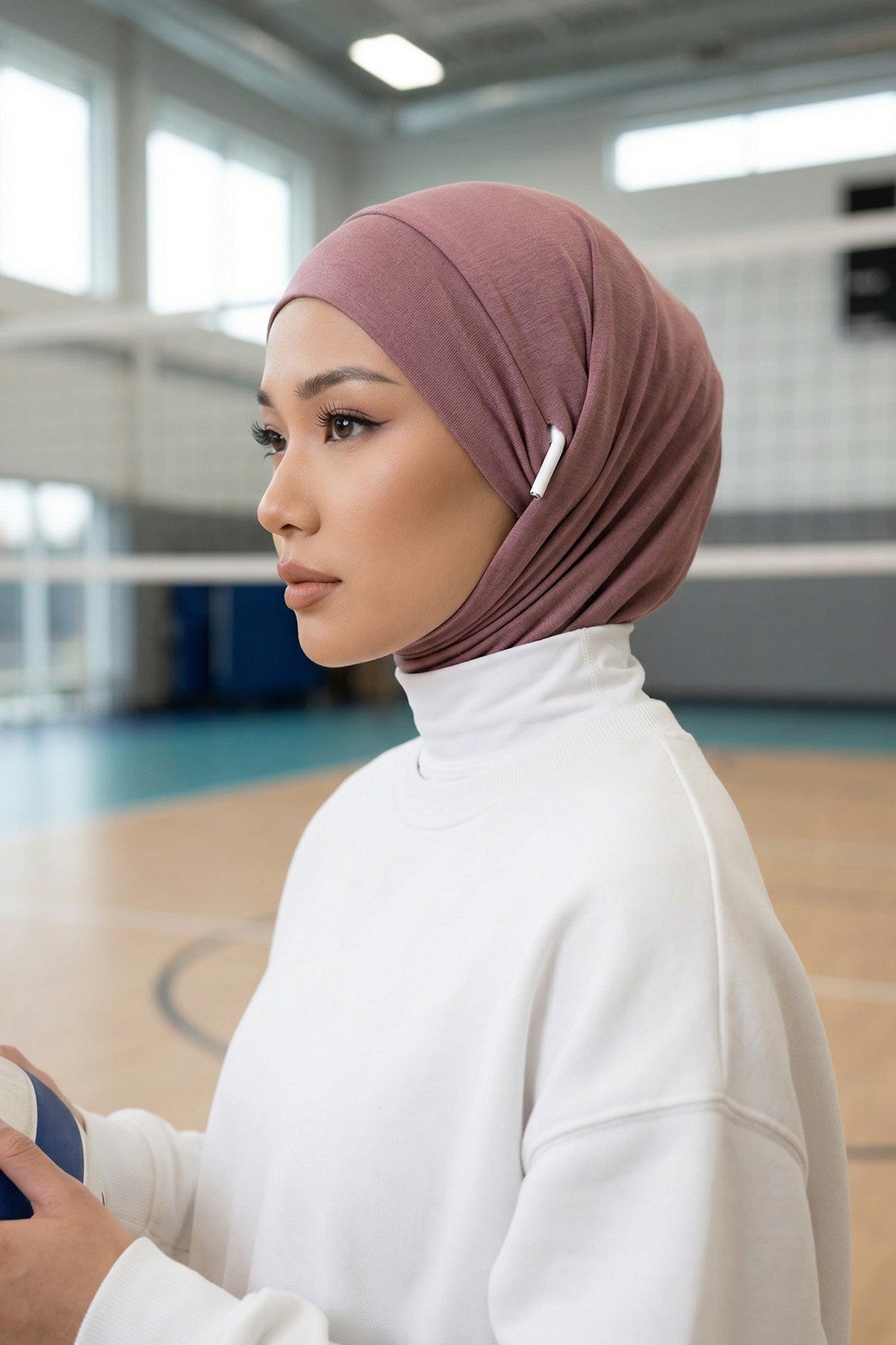 Practical Cotton Bonnet with Built-In Neck Cover and Ear Access, Full-Coverage Hijab Bonnet with Ear Access Points,BE-TG-B-94 Dusty Rose