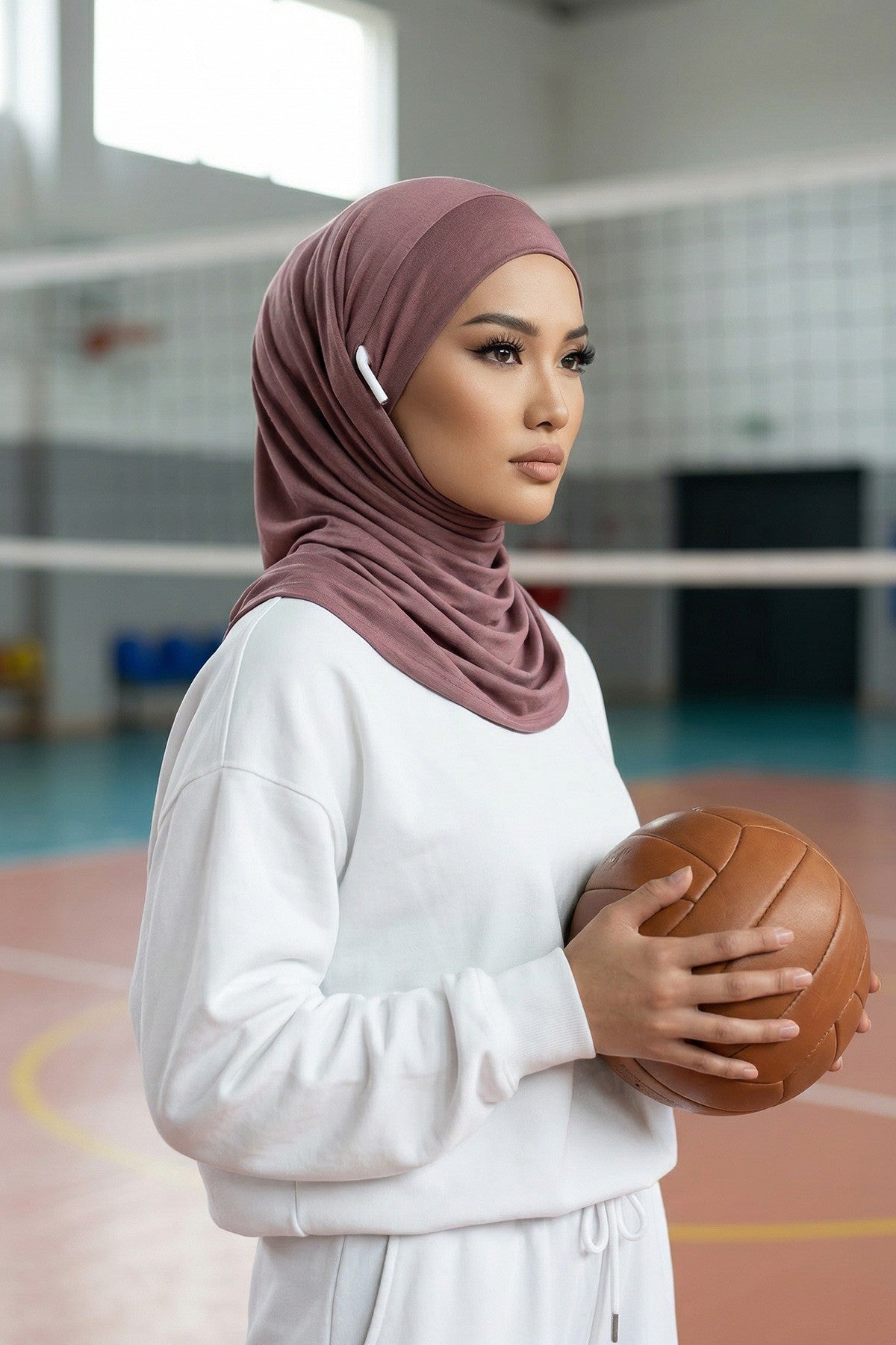 Practical Cotton Bonnet with Built-In Neck Cover and Ear Access, Full-Coverage Hijab Bonnet with Ear Access Points,BE-TG-B-94 Dusty Rose