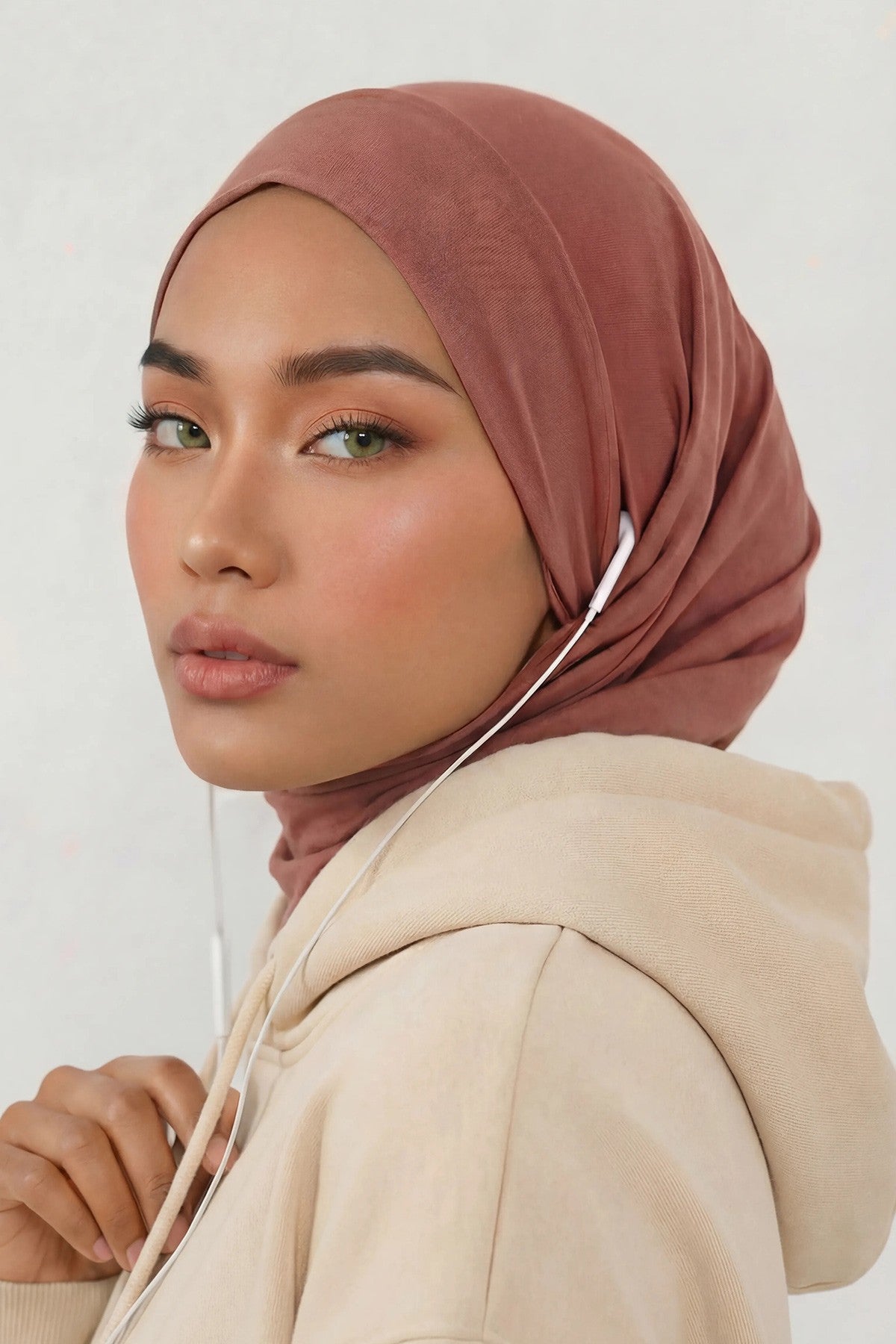 Practical Cotton Bonnet with Built-In Neck Cover and Ear Access, Full-Coverage Hijab Bonnet with Ear Access Points,BE-TG-B-94 Cappucino