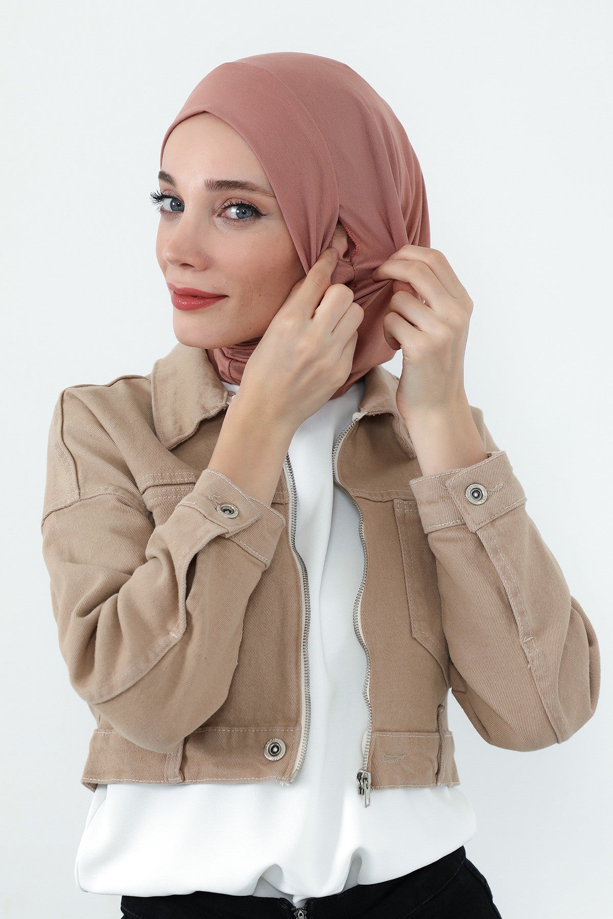 Practical Cotton Bonnet with Built-In Neck Cover and Ear Access, Full-Coverage Hijab Bonnet with Ear Access Points,BE-TG-B-94 Cappucino