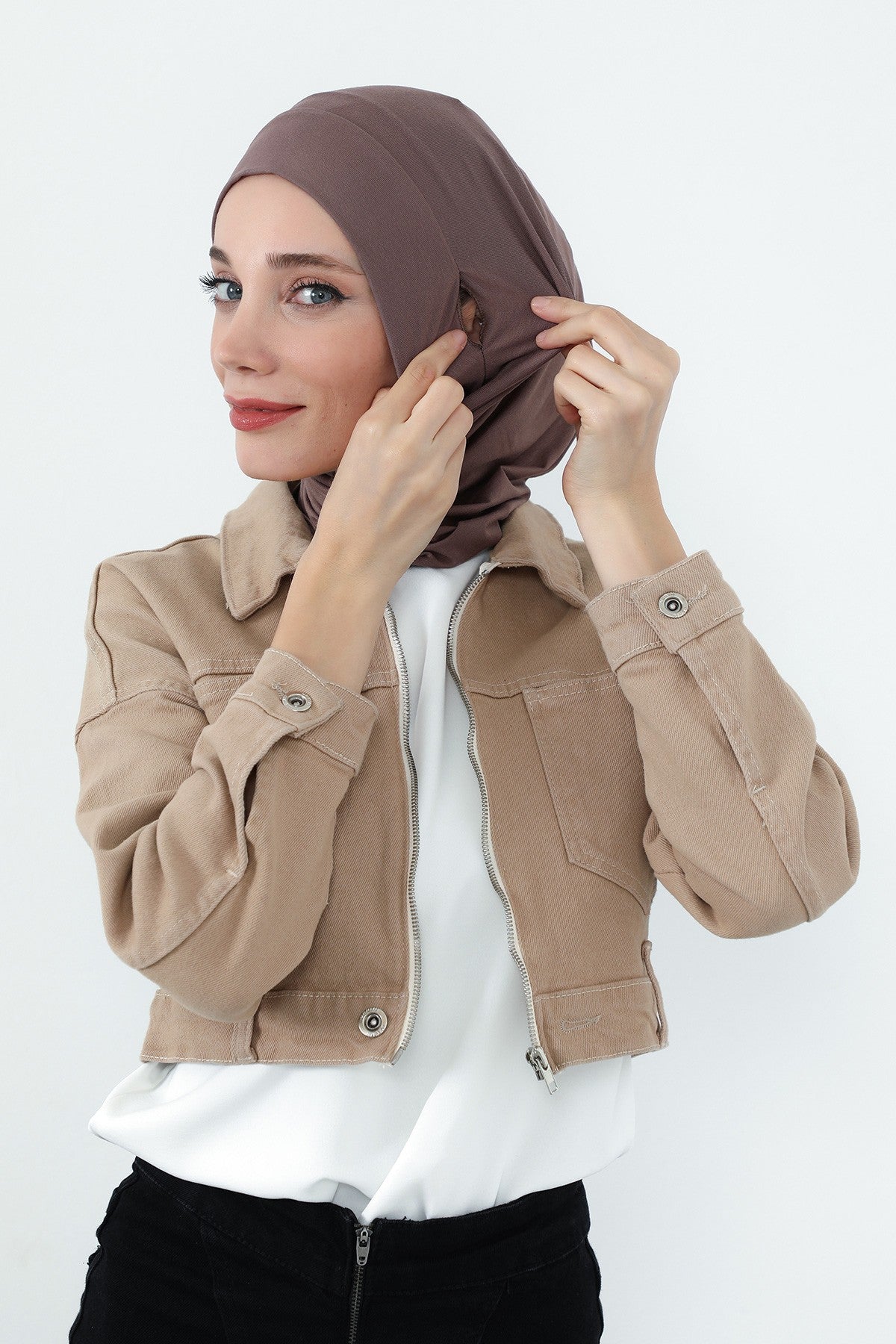 Practical Cotton Bonnet with Built-In Neck Cover and Ear Access, Full-Coverage Hijab Bonnet with Ear Access Points,BE-TG-B-94 Chocolate