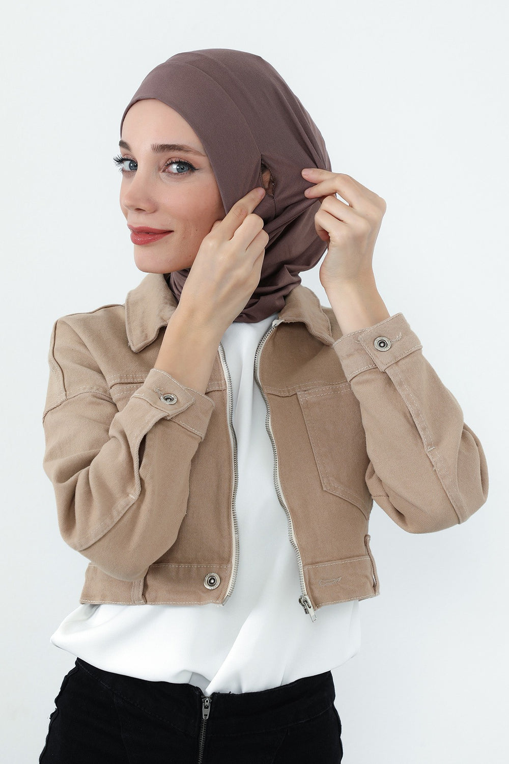 Practical Cotton Bonnet with Built-In Neck Cover and Ear Access, Full-Coverage Hijab Bonnet with Ear Access Points,BE-TG-B-94 Chocolate