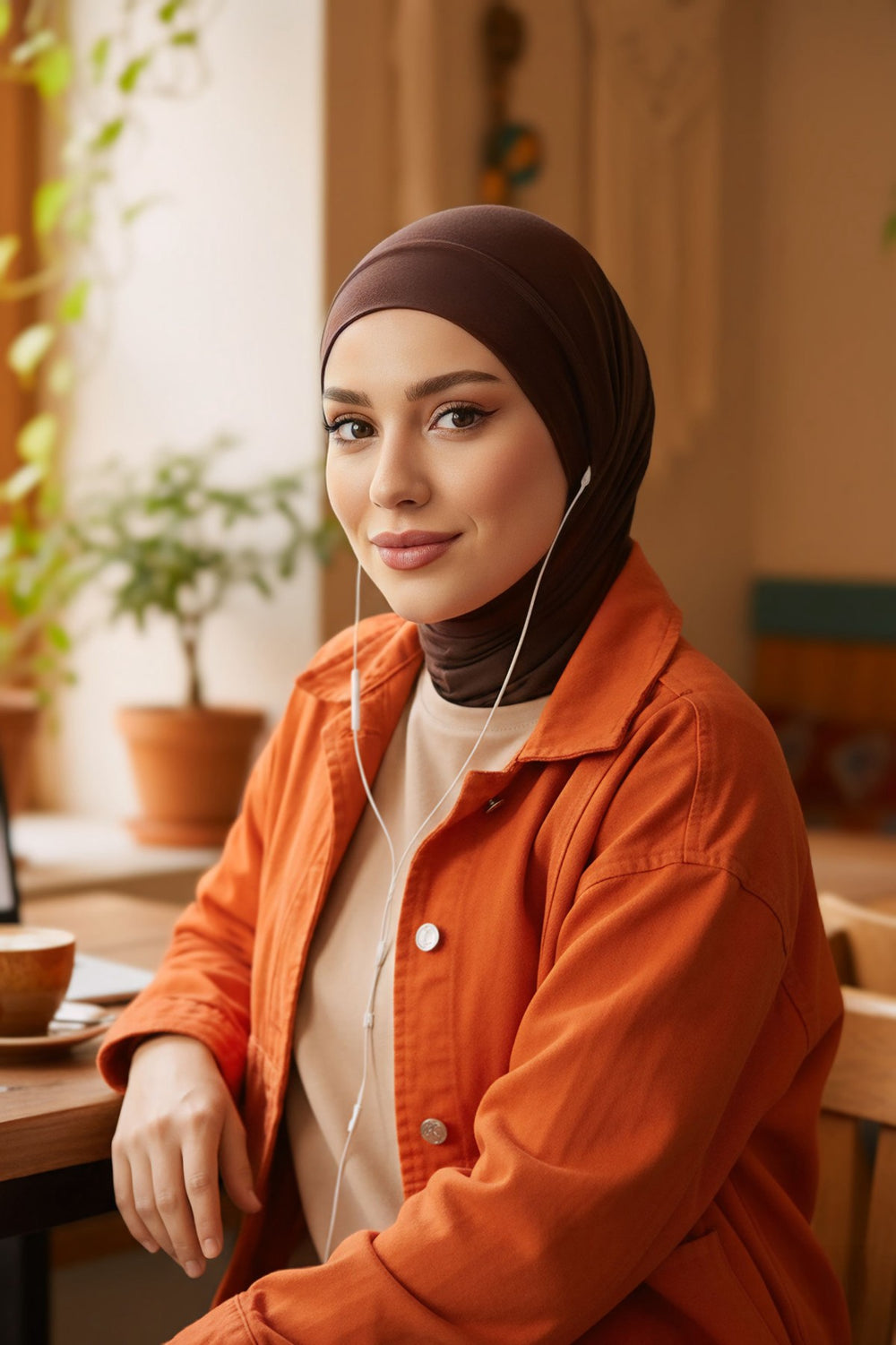 Practical Cotton Bonnet with Built-In Neck Cover and Ear Access, Full-Coverage Hijab Bonnet with Ear Access Points,BE-TG-B-94 Brown