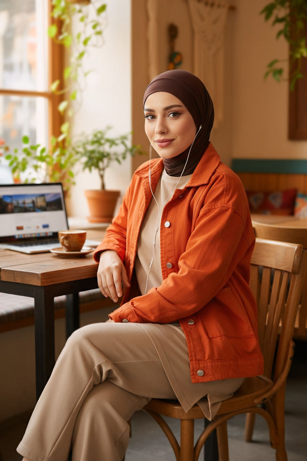 Practical Cotton Bonnet with Built-In Neck Cover and Ear Access, Full-Coverage Hijab Bonnet with Ear Access Points,BE-TG-B-94 Brown