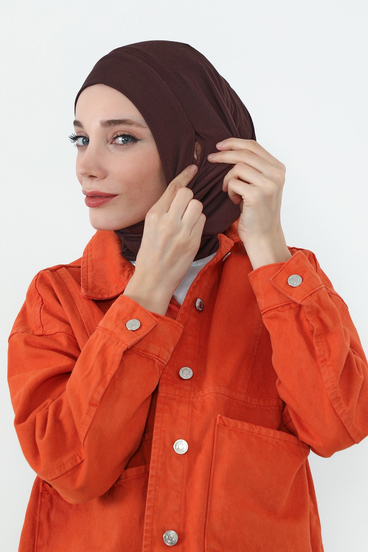 Practical Cotton Bonnet with Built-In Neck Cover and Ear Access, Full-Coverage Hijab Bonnet with Ear Access Points,BE-TG-B-94 Brown