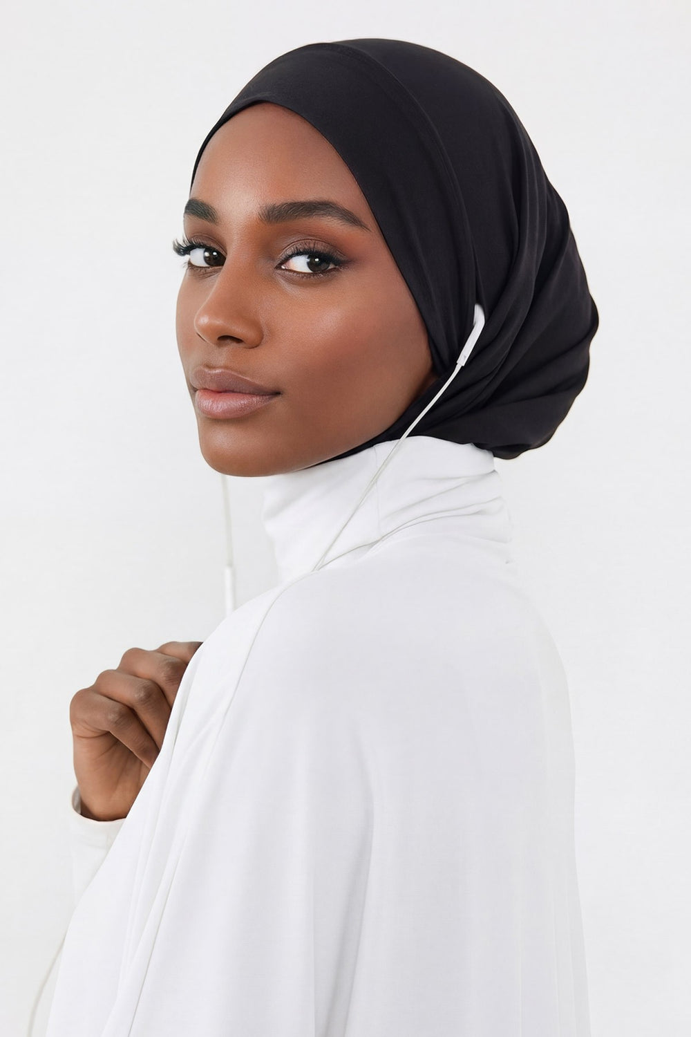 Practical Cotton Bonnet with Built-In Neck Cover and Ear Access, Full-Coverage Hijab Bonnet with Ear Access Points,BE-TG-B-94 Black