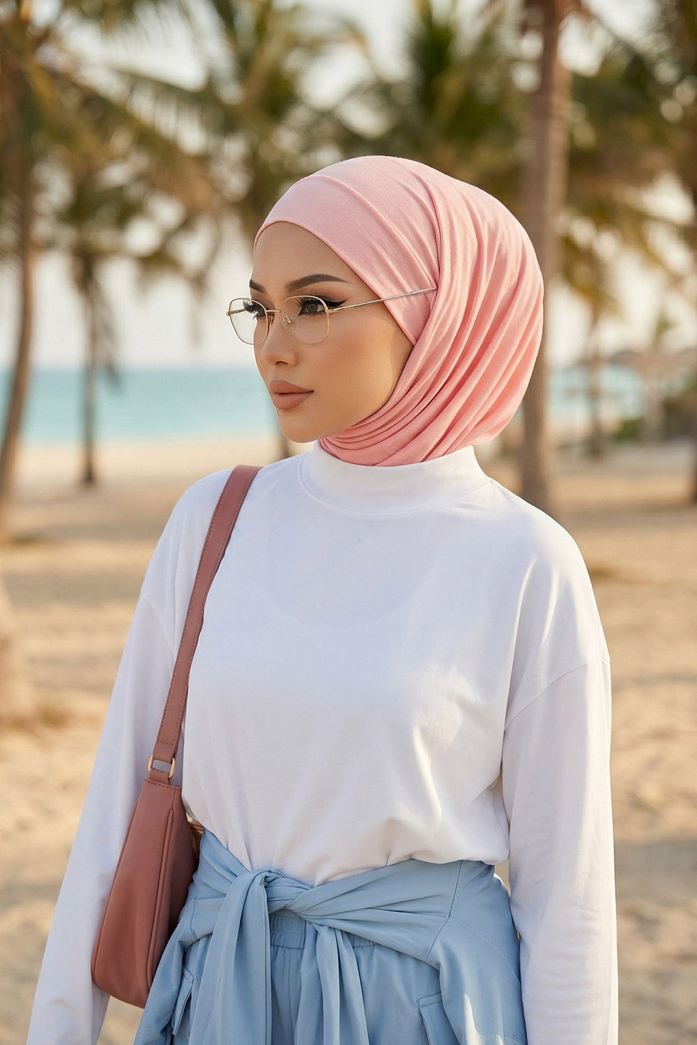 Practical Cotton Bonnet with Built-In Neck Cover and Ear Access, Full-Coverage Hijab Bonnet with Ear Access Points,BE-TG-B-94 Powder