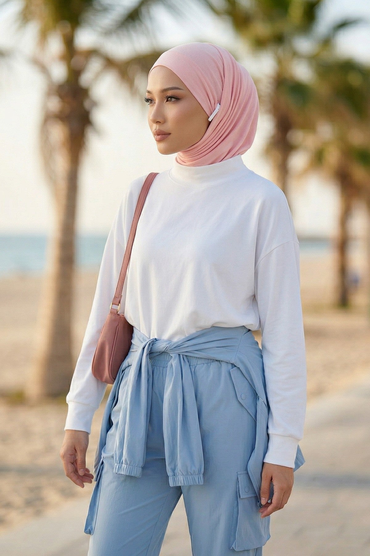 Practical Cotton Bonnet with Built-In Neck Cover and Ear Access, Full-Coverage Hijab Bonnet with Ear Access Points,BE-TG-B-94 Powder