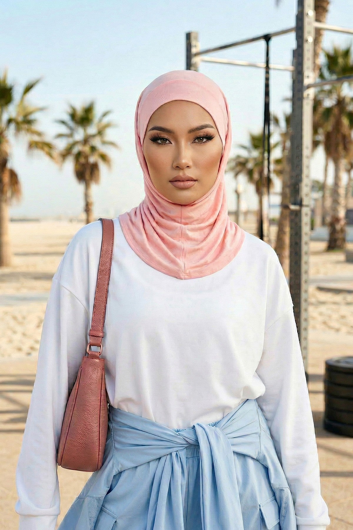Practical Cotton Bonnet with Built-In Neck Cover and Ear Access, Full-Coverage Hijab Bonnet with Ear Access Points,BE-TG-B-94 Powder