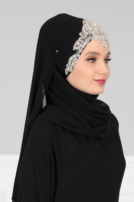 Practical Instant Chiffon Shawl with Elegant Stone Accessories Bridal, Wedding Hijab Modesty Turban Cap,CPS-504