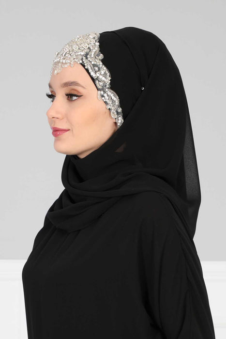 Practical Instant Chiffon Shawl with Elegant Stone Accessories Bridal, Wedding Hijab Modesty Turban Cap,CPS-504