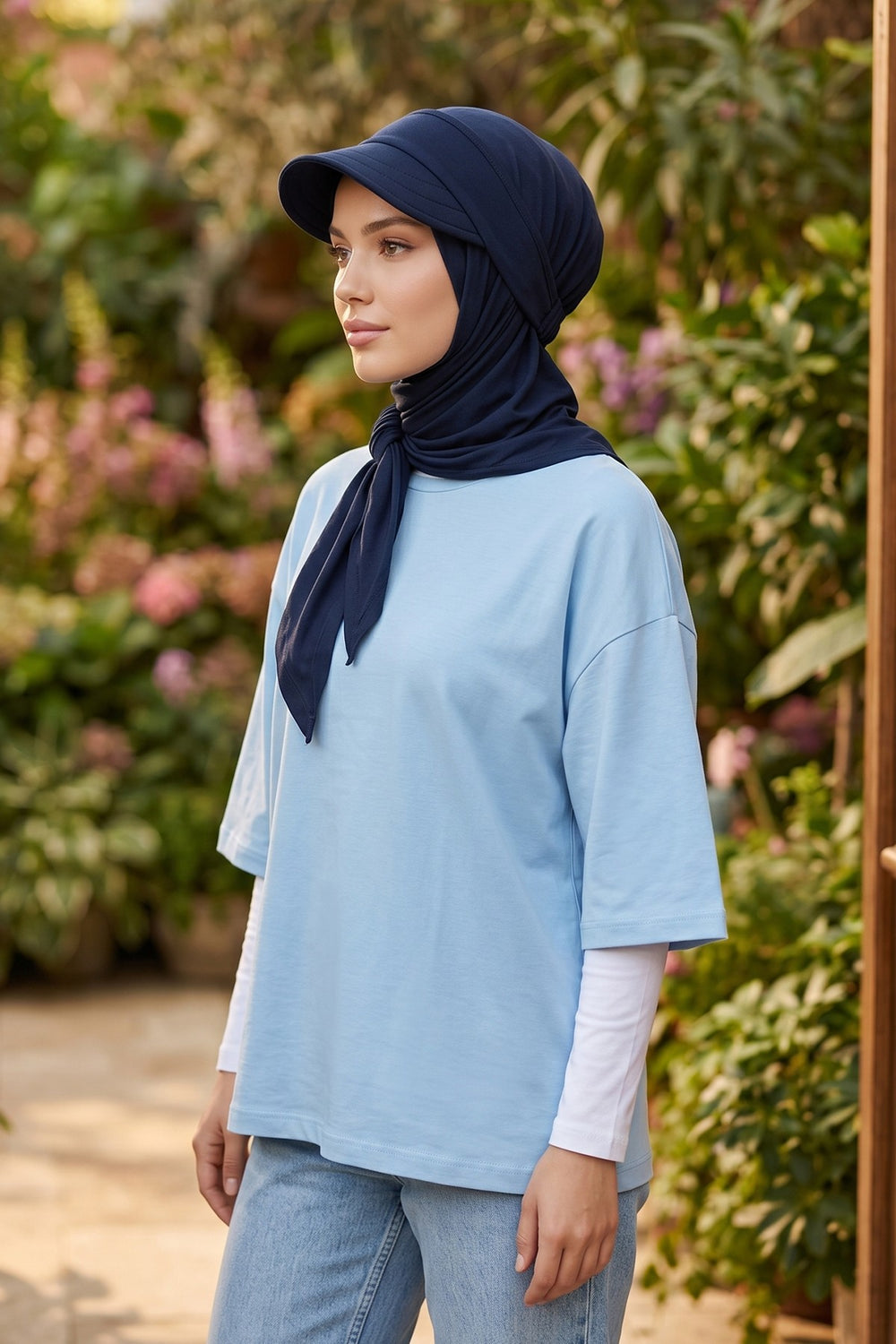 Practical Triangle Hijab with Adjustable Visor,SPS-2 Navy Blue
