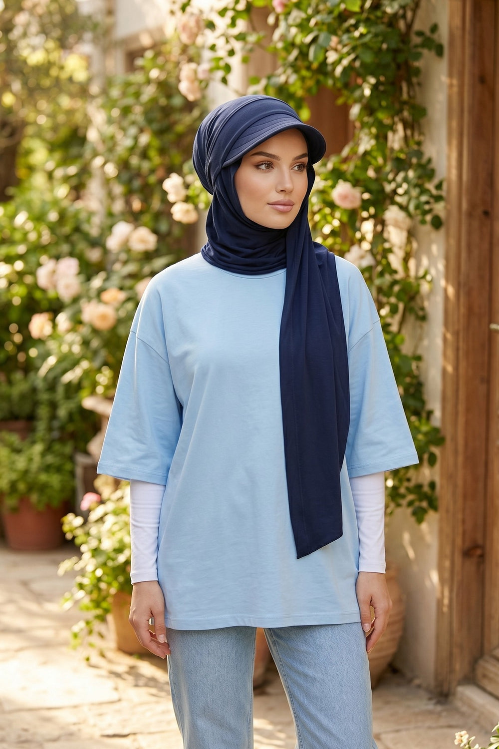 Practical Triangle Hijab with Adjustable Visor,SPS-2 Navy Blue