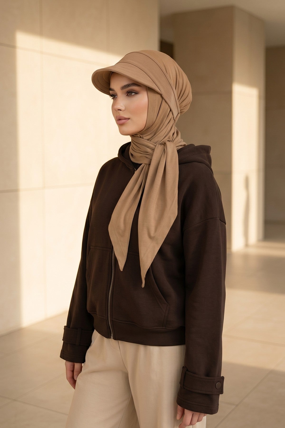 Practical Triangle Hijab with Adjustable Visor,SPS-2 Sand Brown