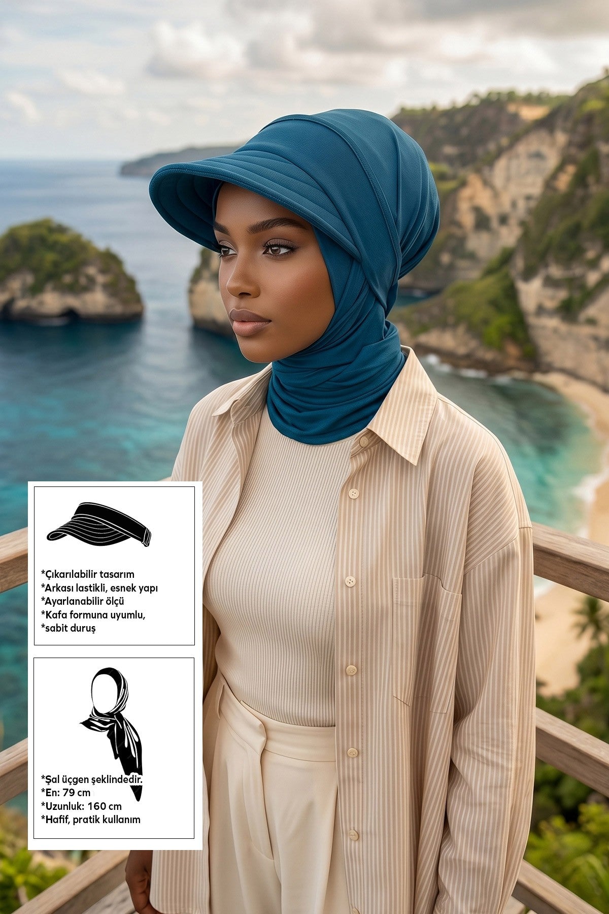 Practical Triangle Hijab with Adjustable Visor,SPS-2 Petrol Blue