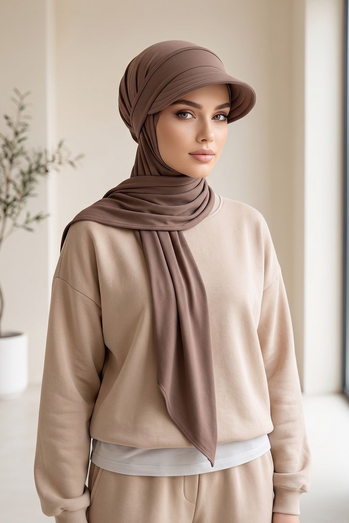 Practical Triangle Hijab with Adjustable Visor,SPS-2 Chocolate