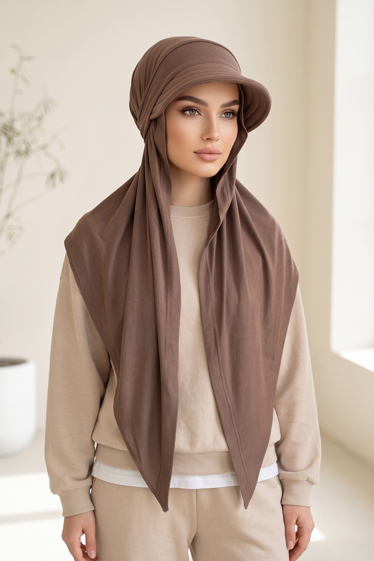 Practical Triangle Hijab with Adjustable Visor,SPS-2 Chocolate