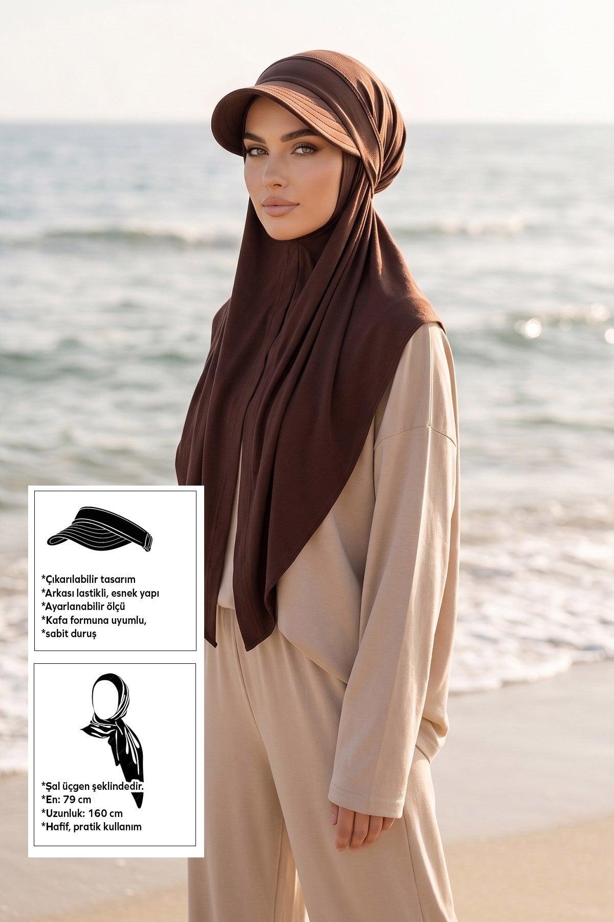 Practical Triangle Hijab with Adjustable Visor,SPS-2 Brown