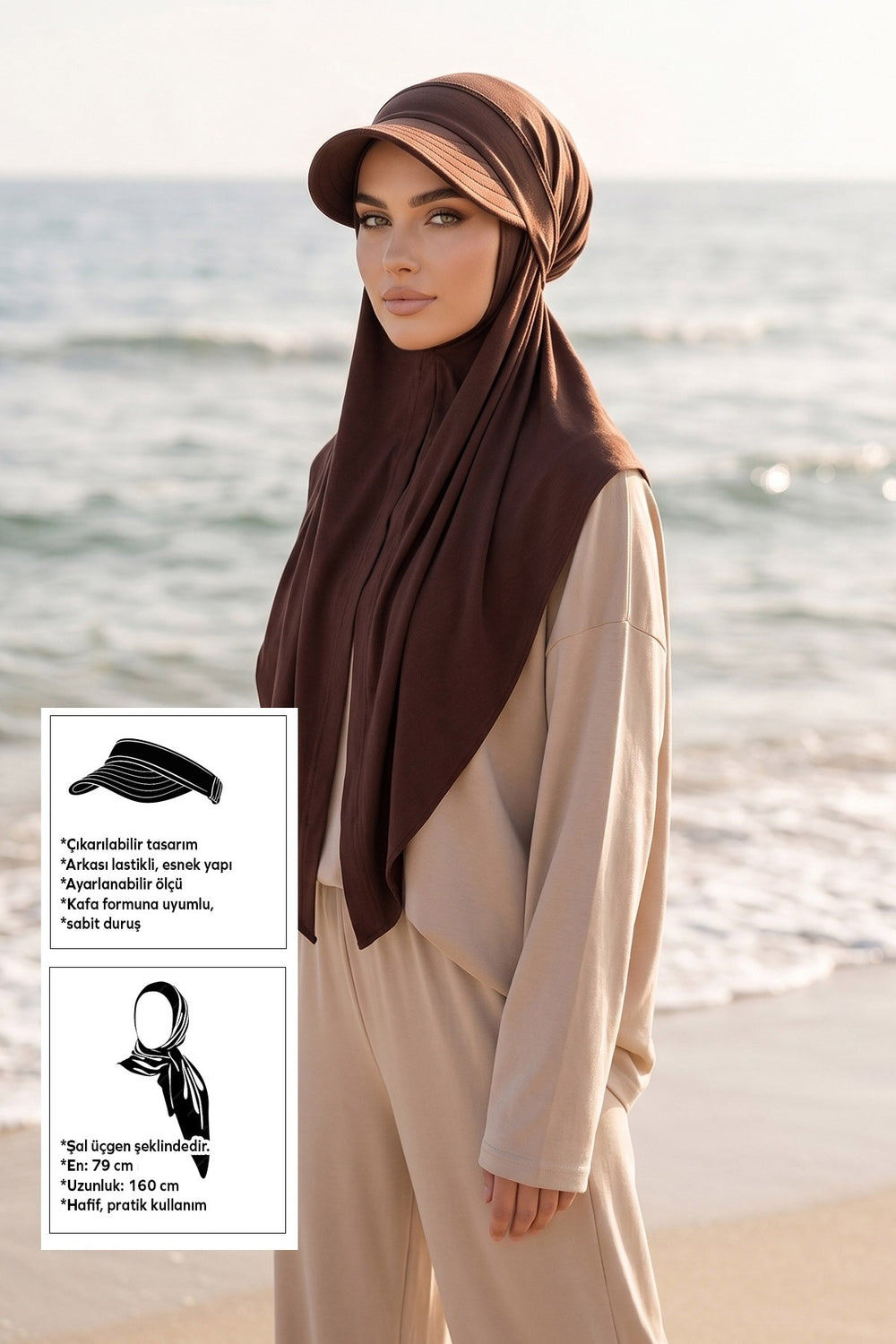 Practical Triangle Hijab with Adjustable Visor,SPS-2 Brown