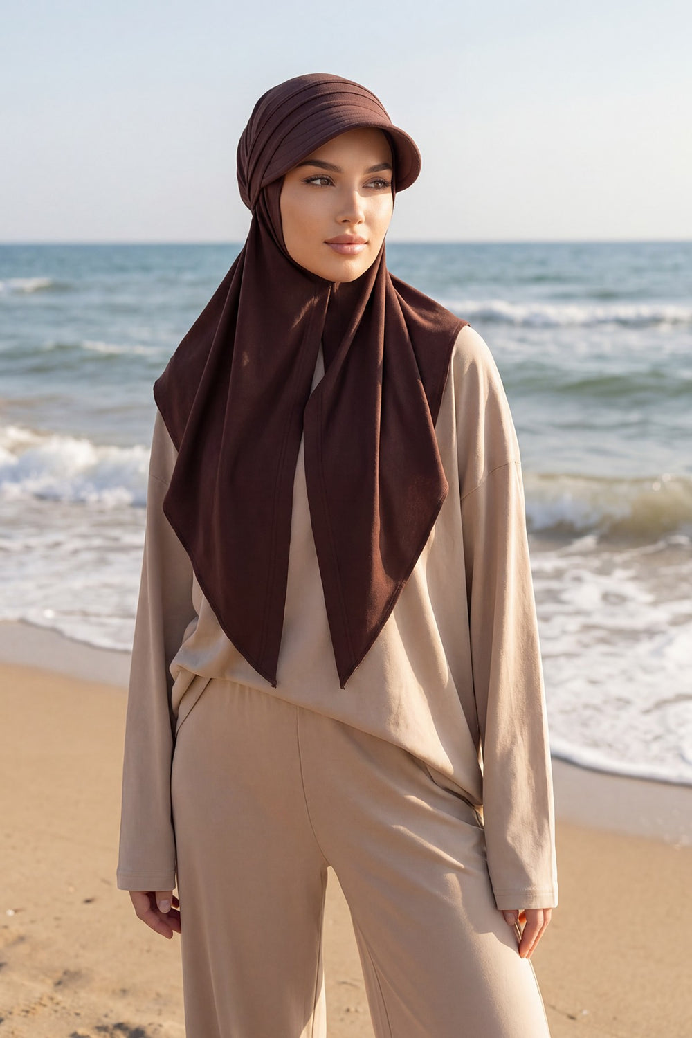 Practical Triangle Hijab with Adjustable Visor,SPS-2 Brown