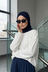 Pre-Styled Draped Jersey Hijab - Non-Slip, Breathable & Comfortable Ready-to-Wear Shawl,CPS-95 Navy Blue