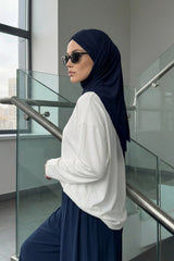 Pre-Styled Draped Jersey Hijab - Non-Slip, Breathable & Comfortable Ready-to-Wear Shawl,CPS-95 Navy Blue