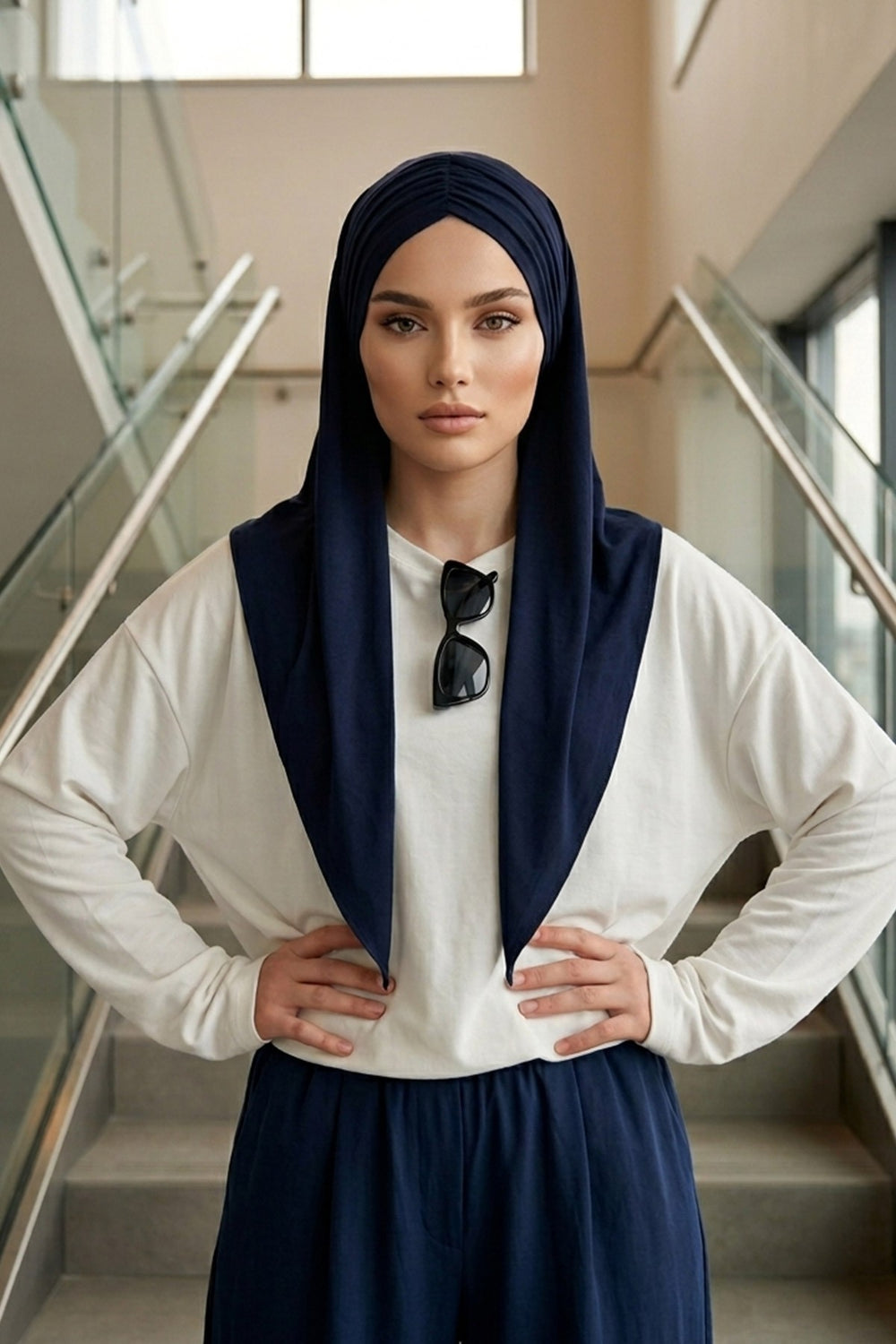 Pre-Styled Draped Jersey Hijab - Non-Slip, Breathable & Comfortable Ready-to-Wear Shawl,CPS-95 Navy Blue