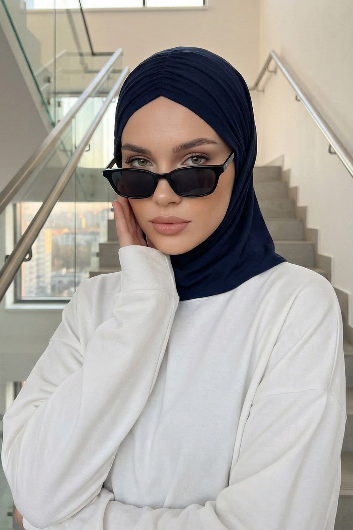 Pre-Styled Draped Jersey Hijab - Non-Slip, Breathable & Comfortable Ready-to-Wear Shawl,CPS-95 Navy Blue