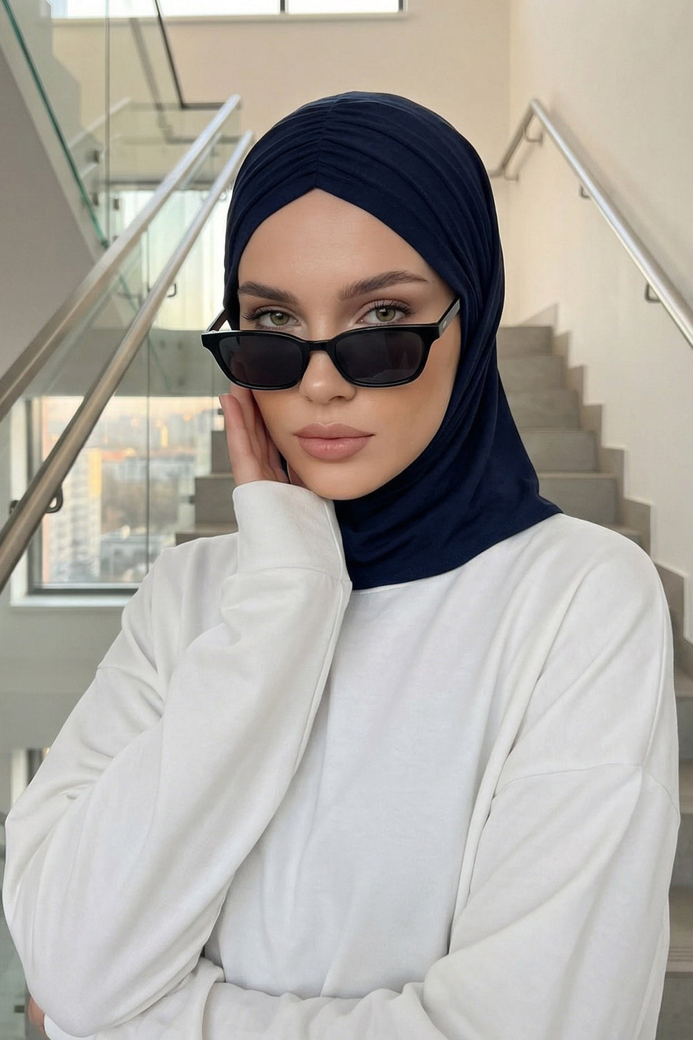 Pre-Styled Draped Jersey Hijab - Non-Slip, Breathable & Comfortable Ready-to-Wear Shawl,CPS-95 Navy Blue