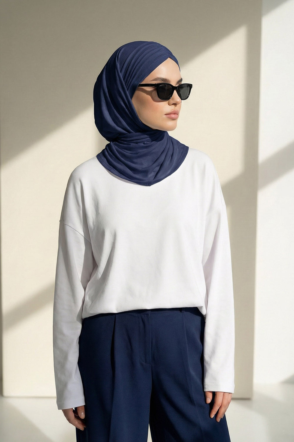 Pre-Styled Draped Jersey Hijab - Non-Slip, Breathable & Comfortable Ready-to-Wear Shawl,CPS-95 Navy Blue