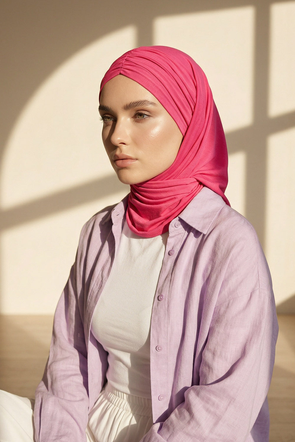 Pre-Styled Draped Jersey Hijab - Non-Slip, Breathable & Comfortable Ready-to-Wear Shawl,CPS-95 Fuchsia
