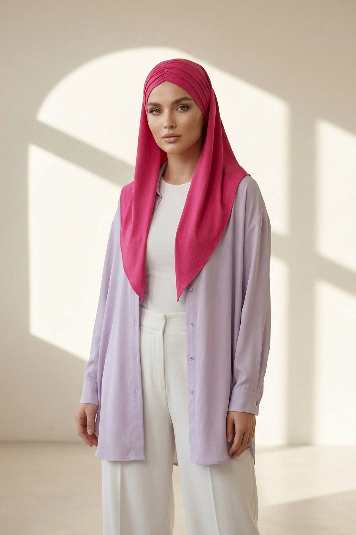 Pre-Styled Draped Jersey Hijab - Non-Slip, Breathable & Comfortable Ready-to-Wear Shawl,CPS-95 Fuchsia