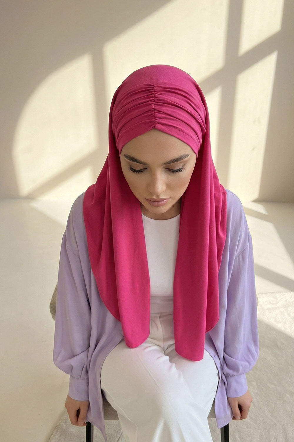Pre-Styled Draped Jersey Hijab - Non-Slip, Breathable & Comfortable Ready-to-Wear Shawl,CPS-95 Fuchsia